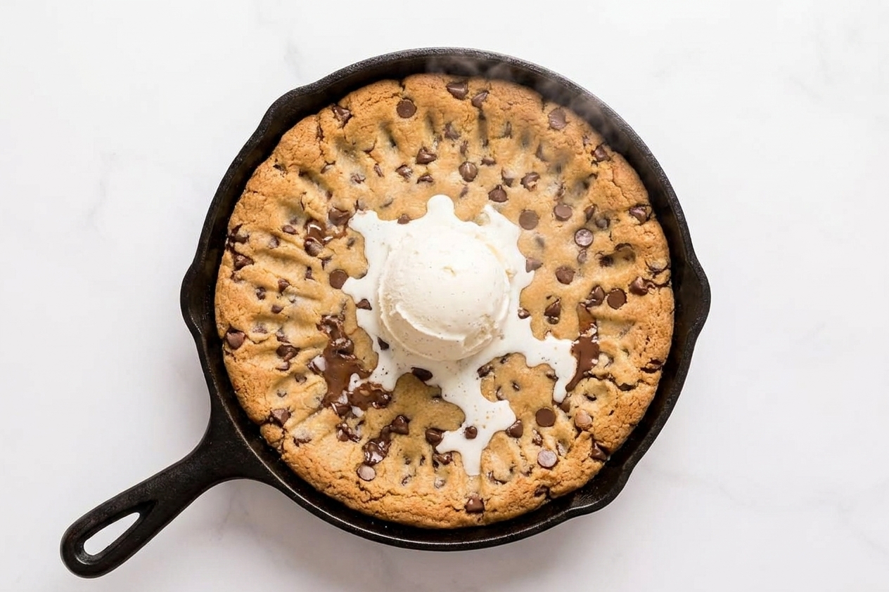 A scoop of vanilla ice cream melting onto a warm chocolate chip skillet cookie right after baking