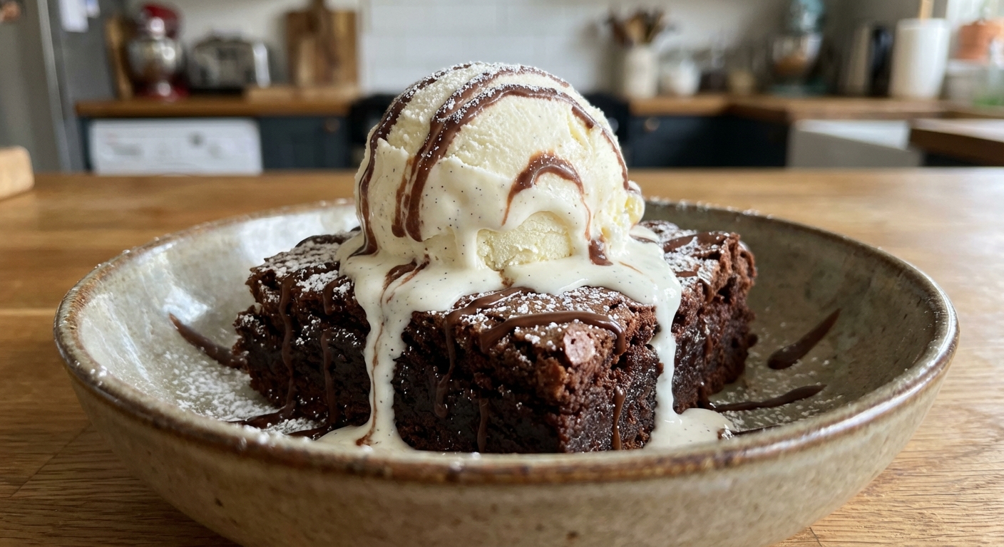 A scoop of vanilla ice cream melting over a warm brownie in a bowl