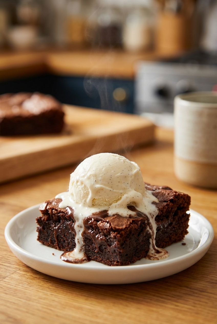 A scoop of vanilla ice cream melting over a warm brownie on a small plate