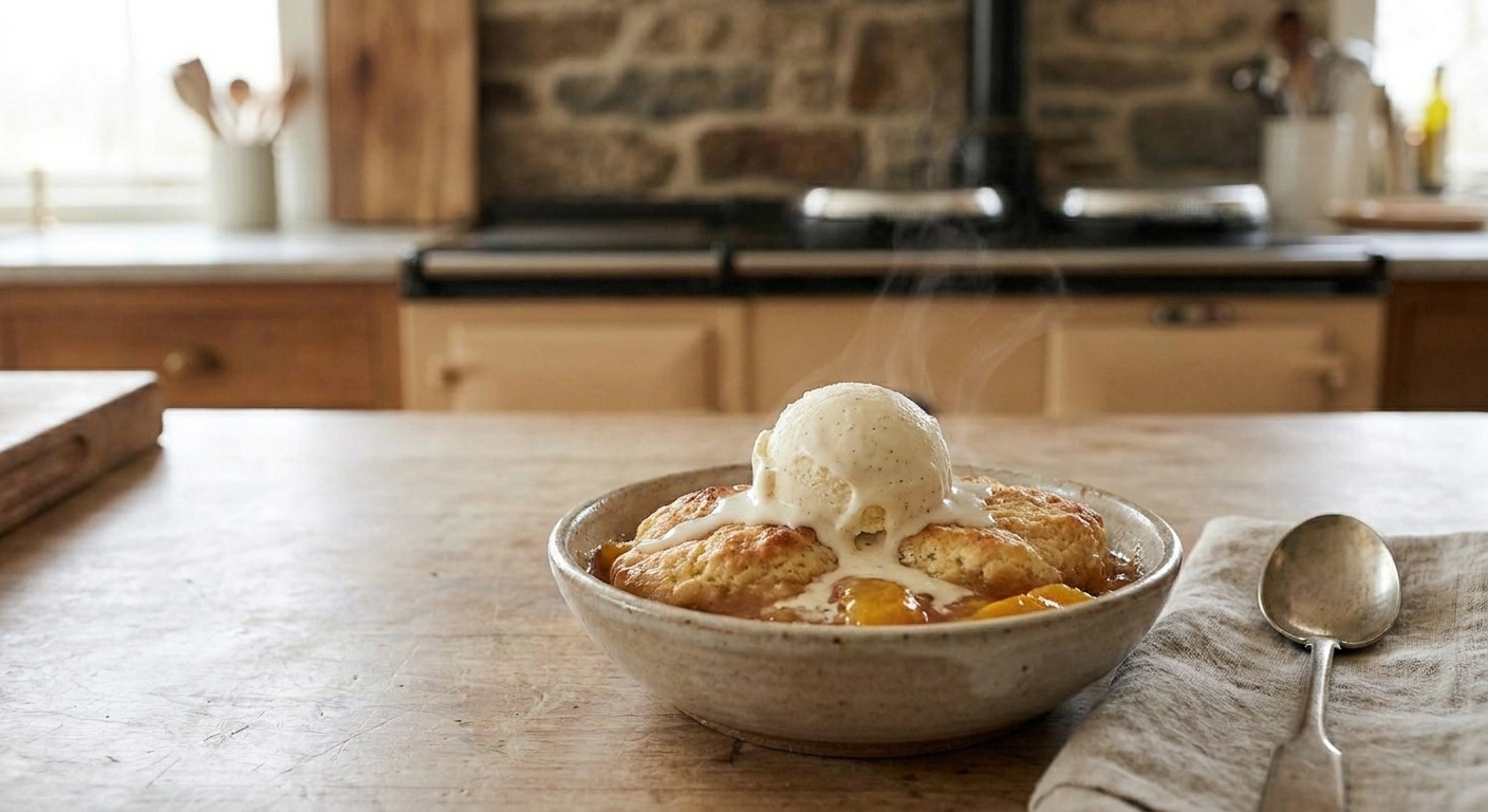A scoop of vanilla ice cream melting over a warm serving of peach cobbler in a small bowl on a wooden table