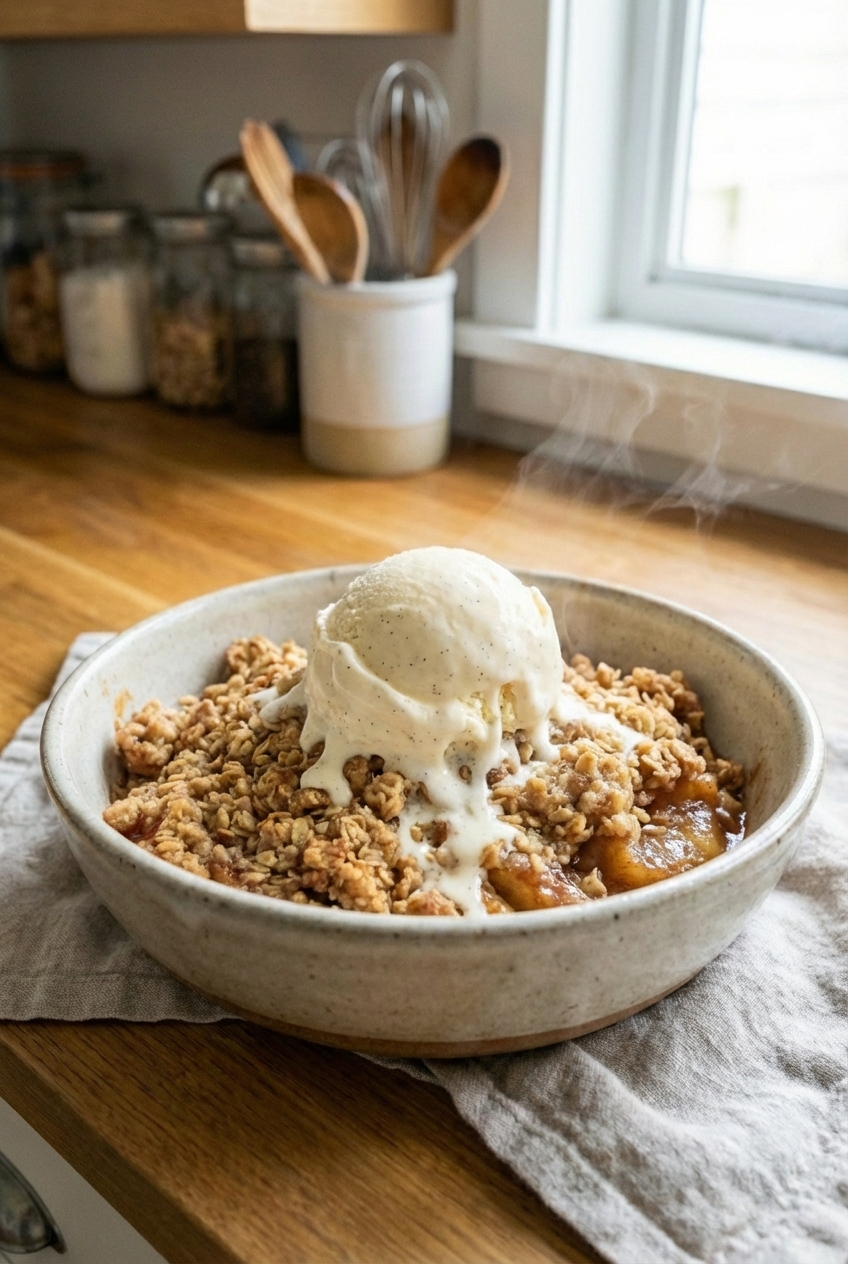 A scoop of vanilla ice cream melting over warm apple crumble in a bowl