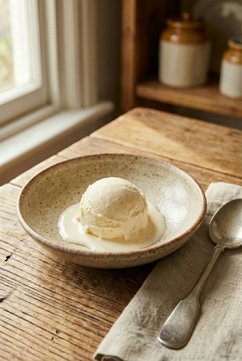 A scoop of vanilla ice cream melting slightly in a small bowl