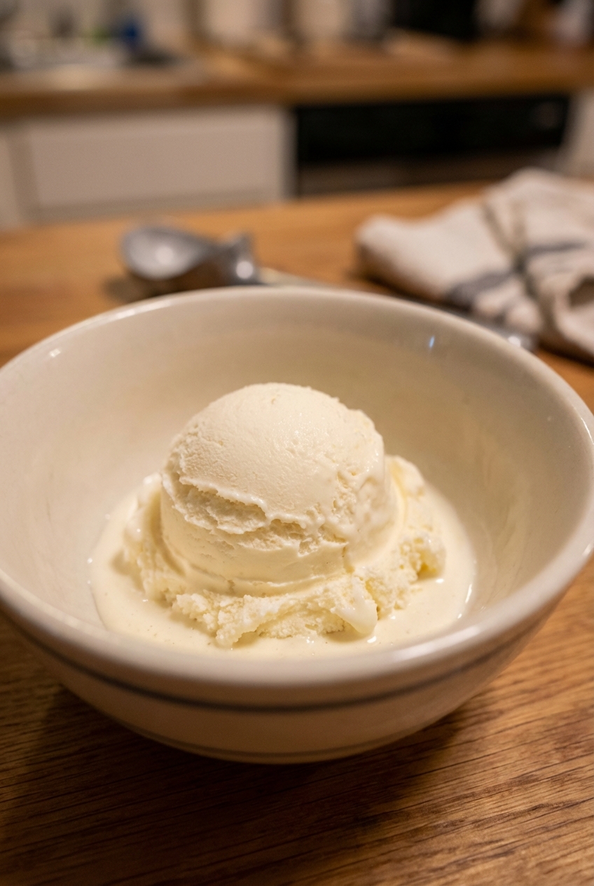 A scoop of vanilla ice cream melting slightly in a small bowl