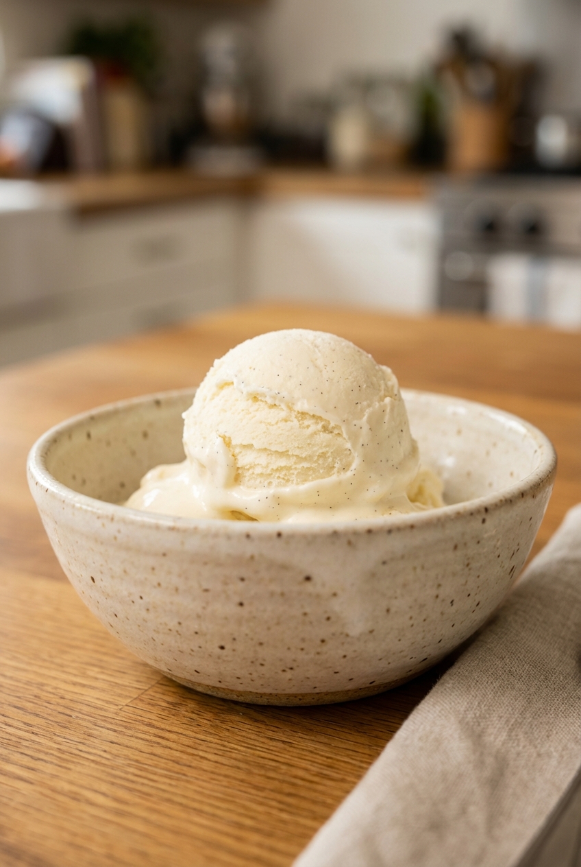 A scoop of vanilla ice cream melting slightly in a small ceramic bowl