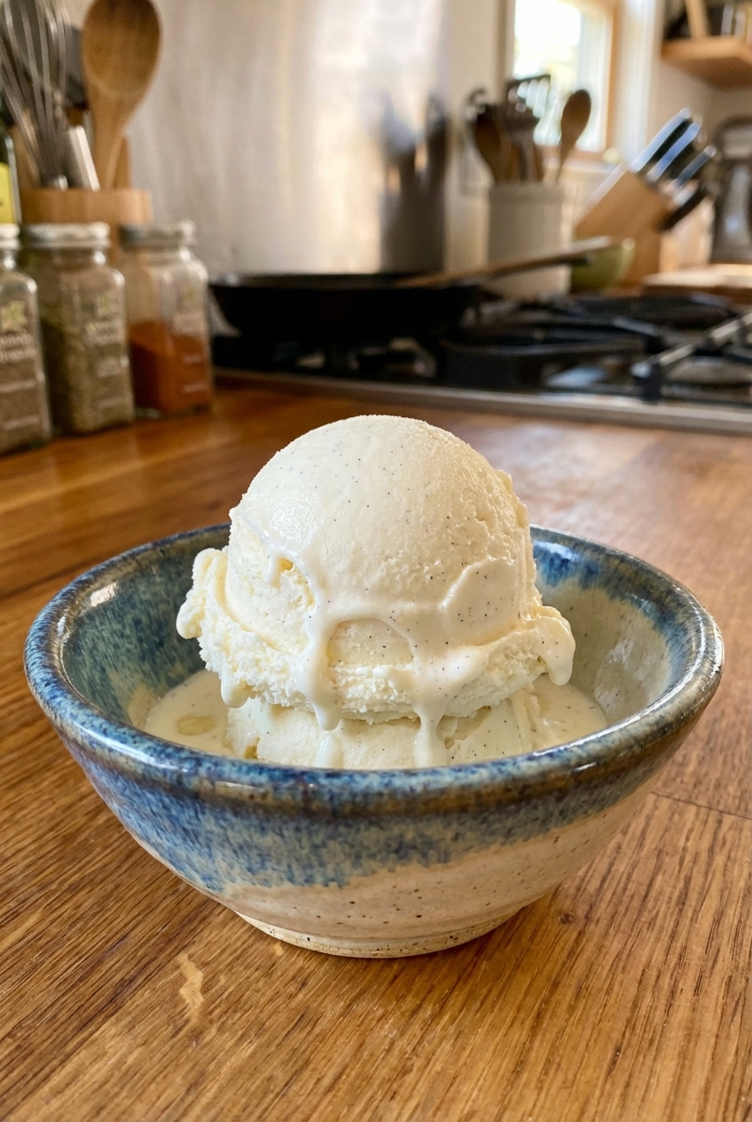 A scoop of vanilla ice cream melting slightly in a small bowl