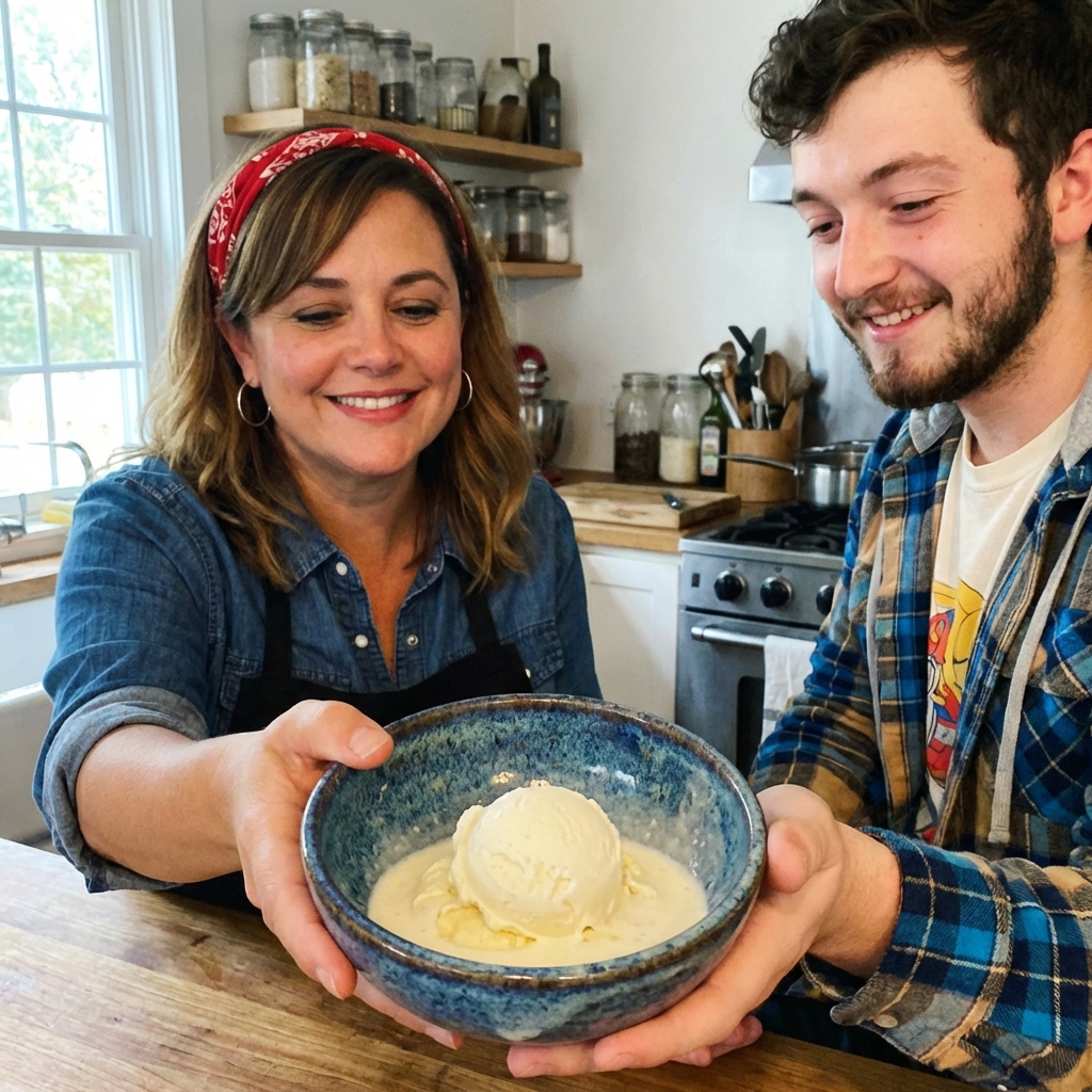 A scoop of vanilla ice cream melting slightly in a small ceramic bowl