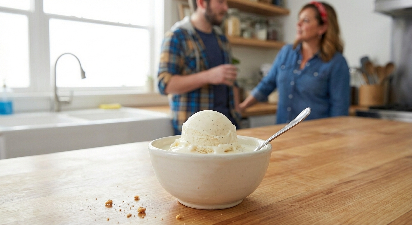 A scoop of vanilla ice cream melting slightly in a small bowl