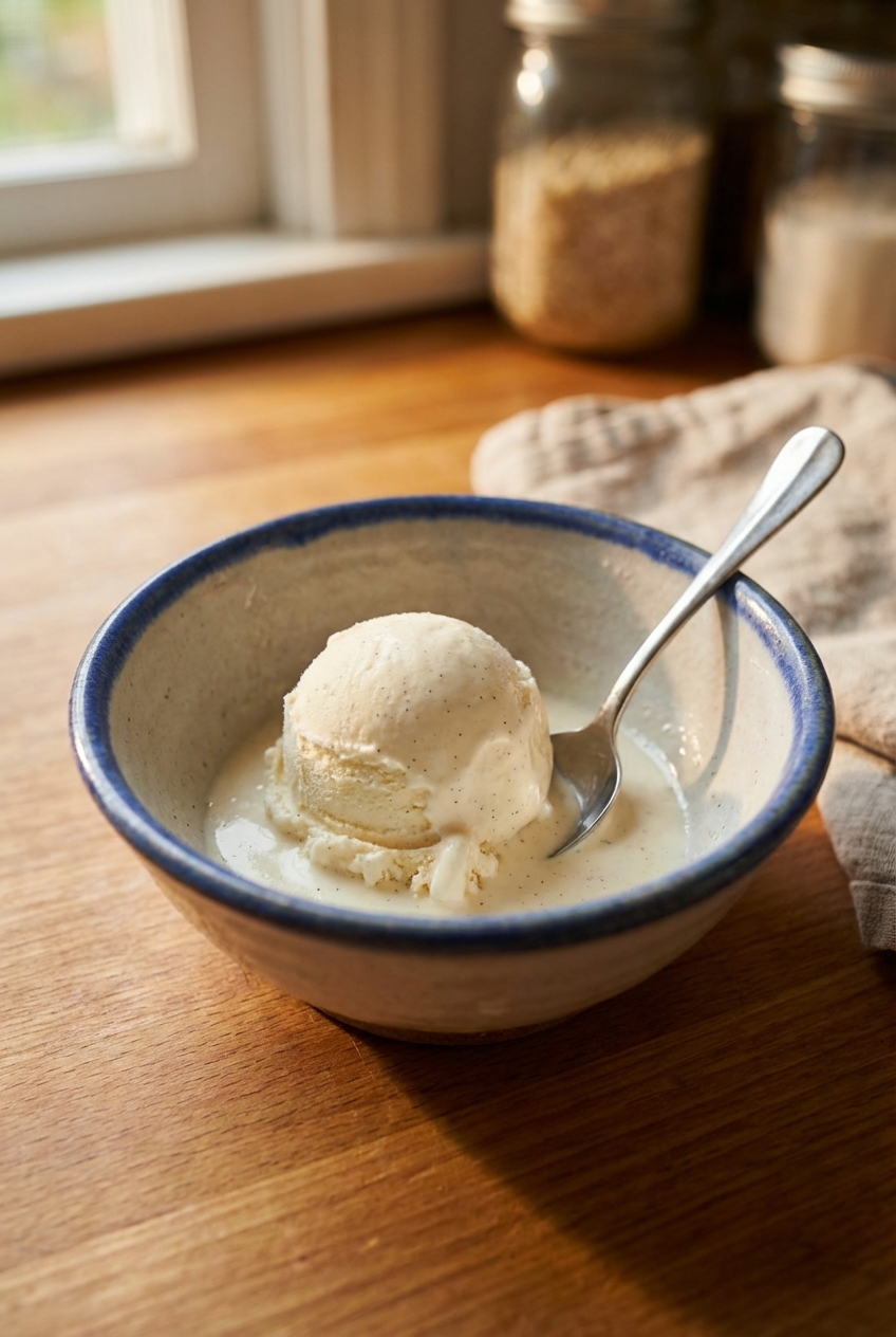A scoop of vanilla ice cream melting slightly in a small bowl