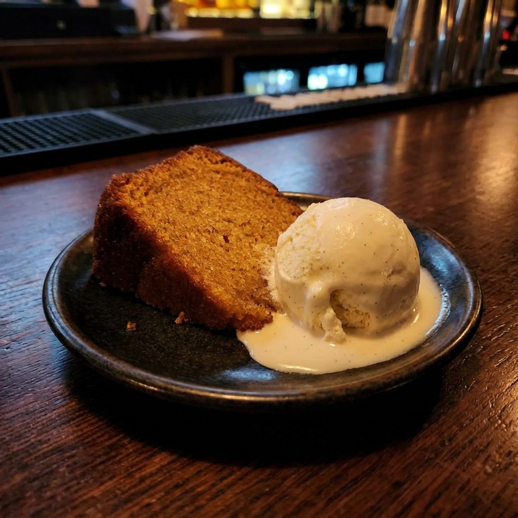 A scoop of vanilla ice cream melting slightly next to a slice of rum cake on a small plate