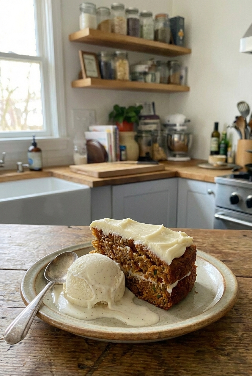 A scoop of vanilla ice cream melting slightly next to a slice of carrot cake