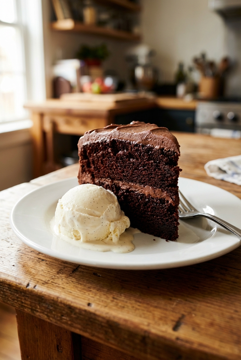 A scoop of vanilla ice cream melting slightly next to a slice of chocolate cake on a plate