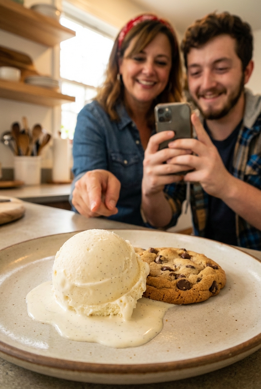 A scoop of vanilla ice cream melting slightly on a plate next to a cookie