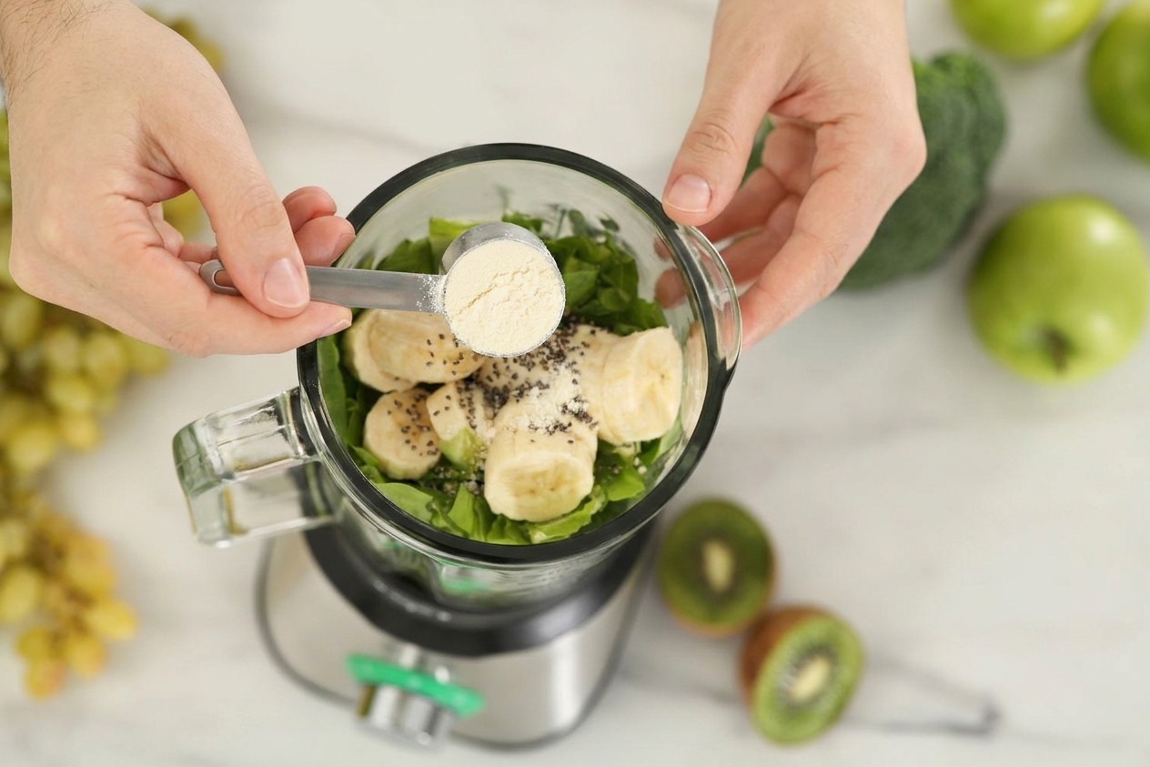 A scoop of vanilla protein powder held over an open blender on a light stone kitchen counter