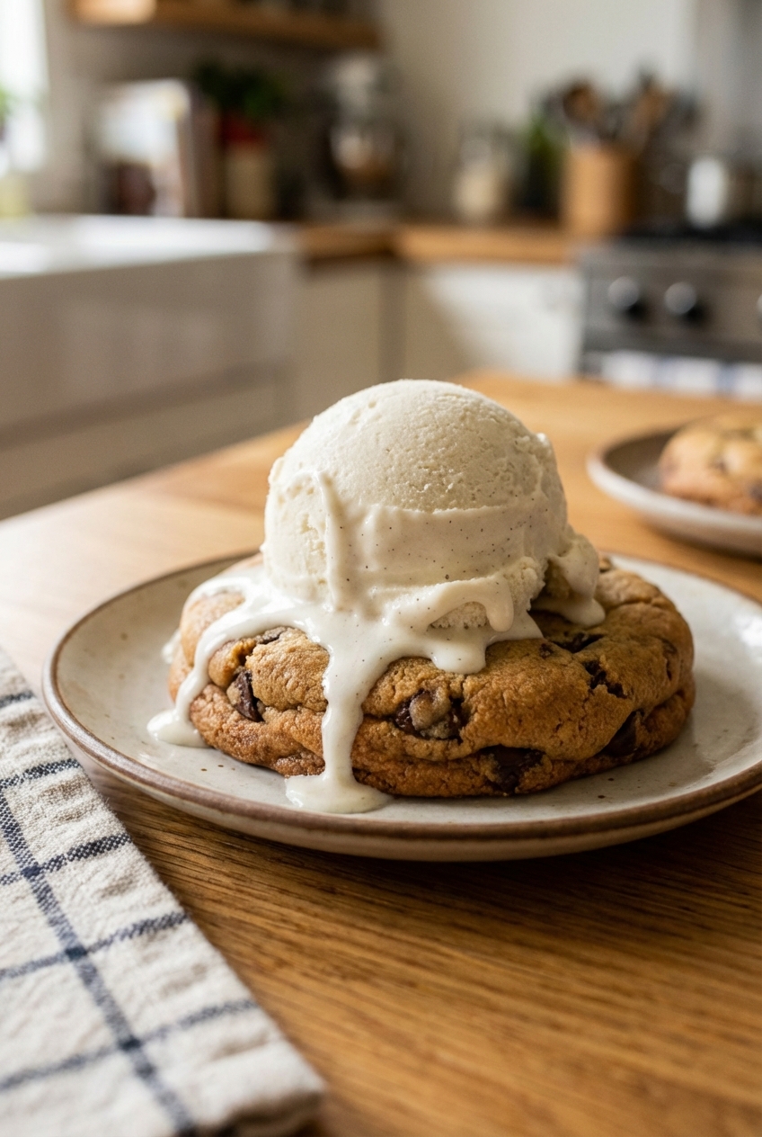 A scoop of vegan vanilla ice cream melting over a warm chocolate chip cookie