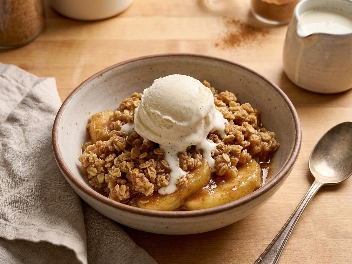 A scoop of warm apple crumble in a bowl topped with melting vanilla ice cream on a simple wooden table setting
