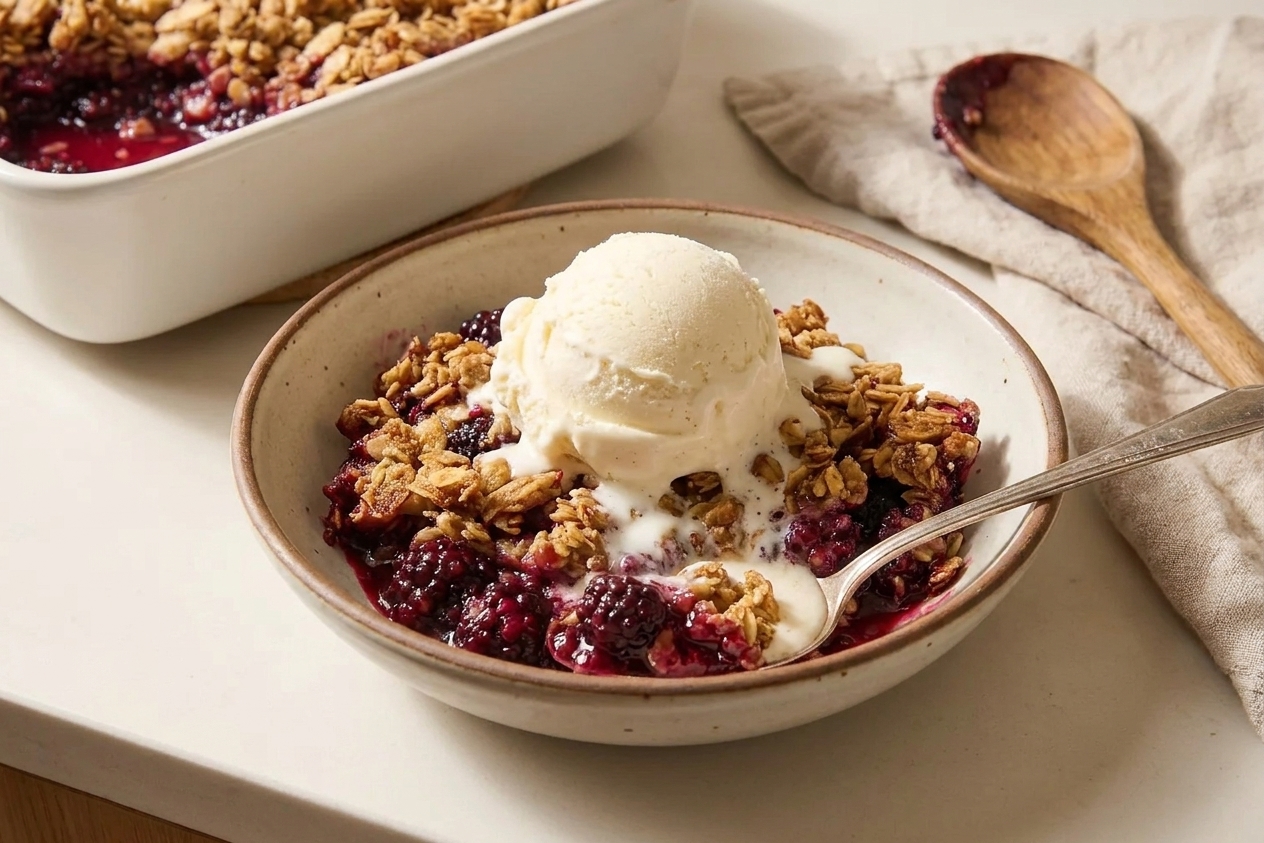 A scoop of warm blackberry crisp in a bowl with vanilla ice cream melting on top