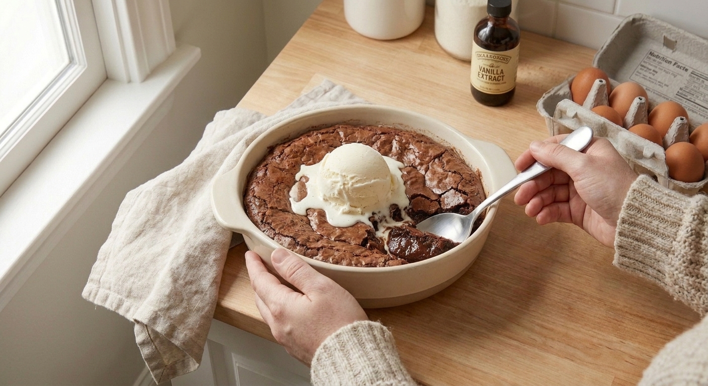 A scoop of warm brownie pudding served in a bowl with vanilla ice cream melting on top on a wooden table