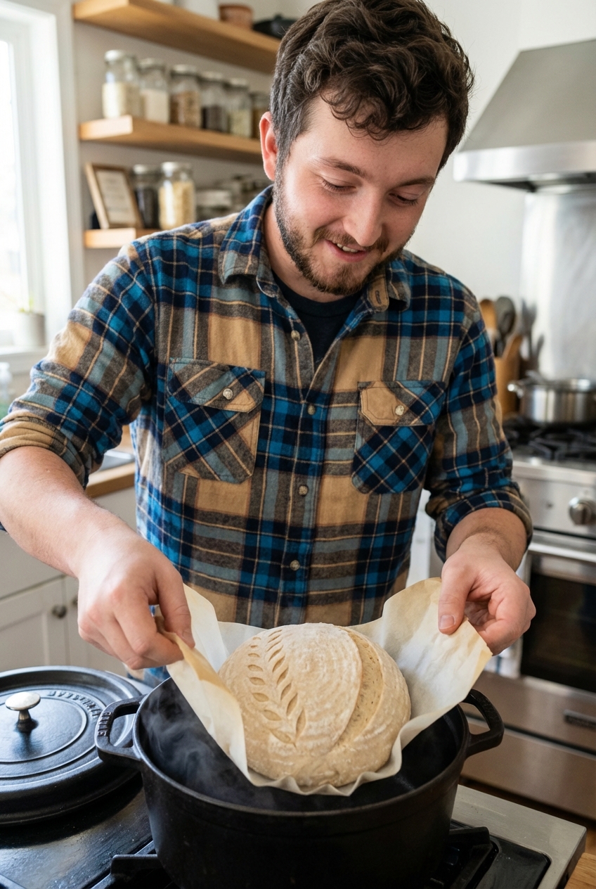 A scored sourdough dough round on parchment being lowered into a hot Dutch oven