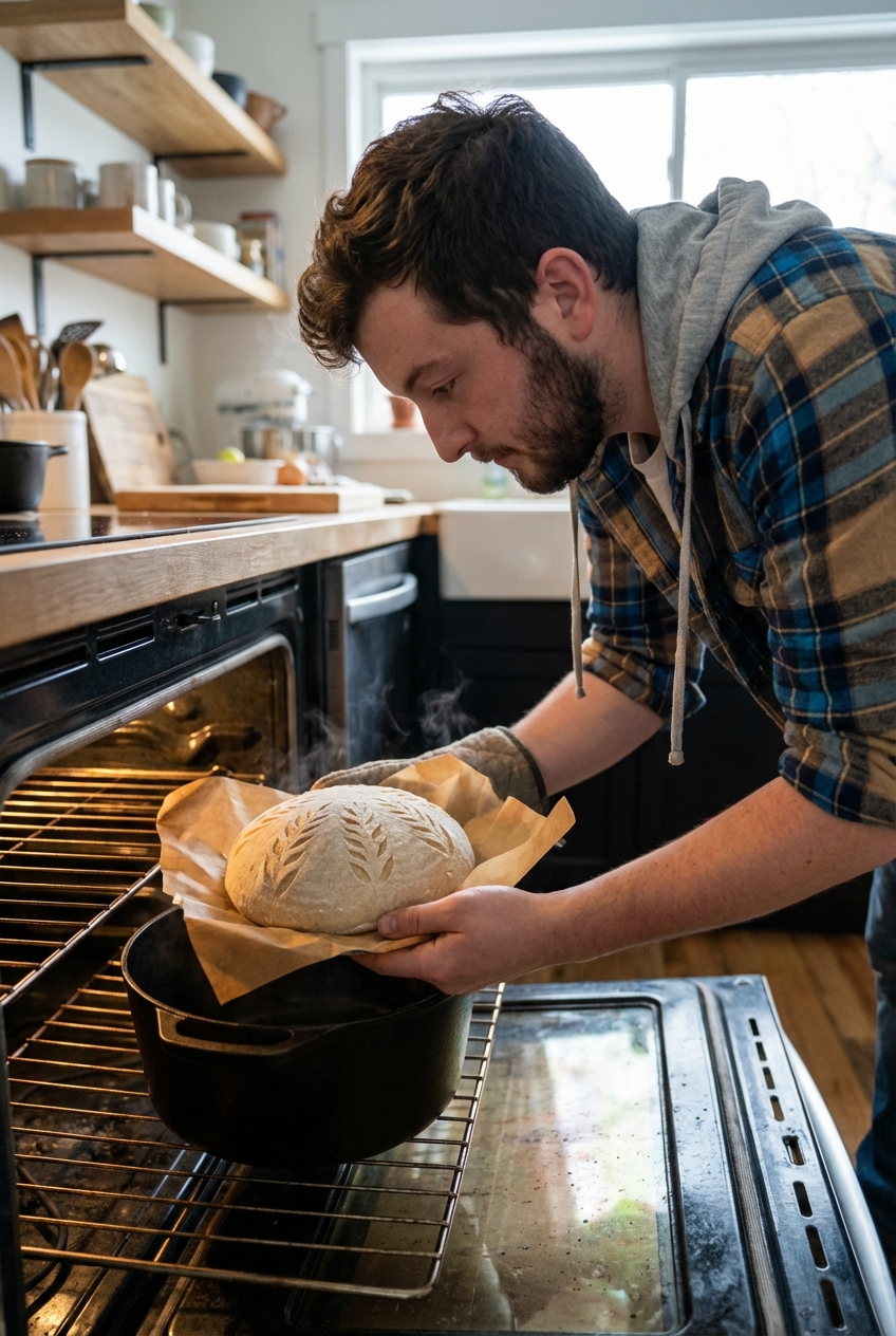 A scored sourdough dough round on parchment paper being lowered into a preheated Dutch oven