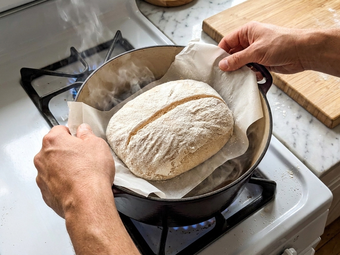 A scored sourdough round on parchment paper being lowered into a hot Dutch oven on a stovetop