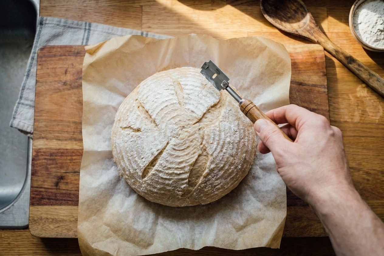 A scored sourdough round on parchment paper on a counter with a hand holding a bread lame above the loaf