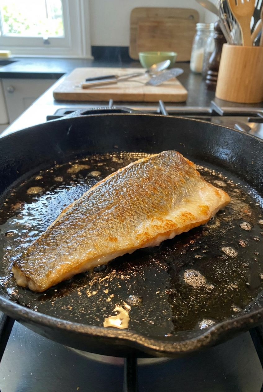 A sea bass fillet searing skin-side down in a hot skillet with oil, with the edges turning golden