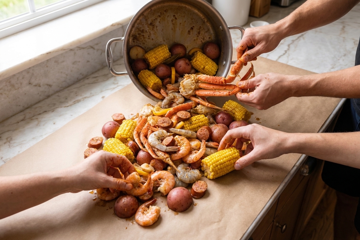 A seafood boil dumped onto parchment paper on a dining table with hands reaching in to grab shrimp, corn, and potatoes, casual family-style serving