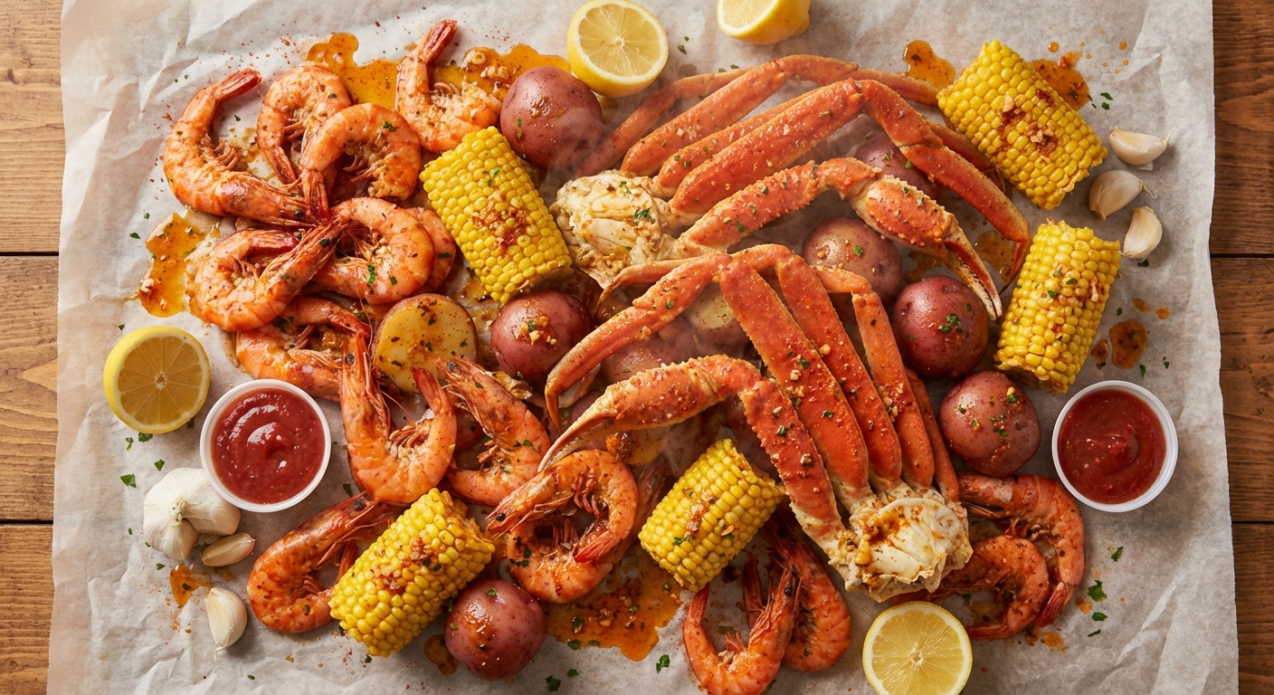 A seafood boil spread with shrimp, crab legs, corn, and potatoes on parchment paper over a table, buttery seasoning visible, photorealistic food photography