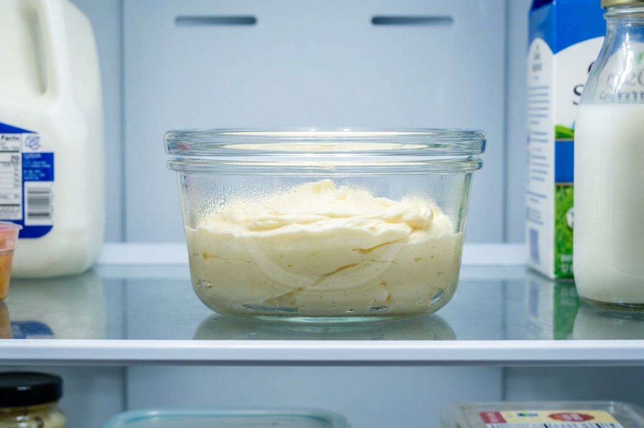 A sealed airtight container filled with vanilla buttercream on a refrigerator shelf