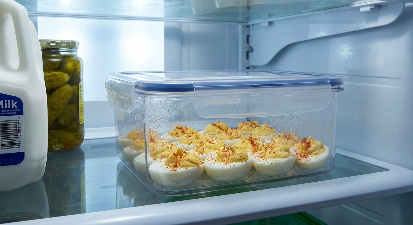 A sealed airtight container holding deviled egg halves on a shelf inside a refrigerator