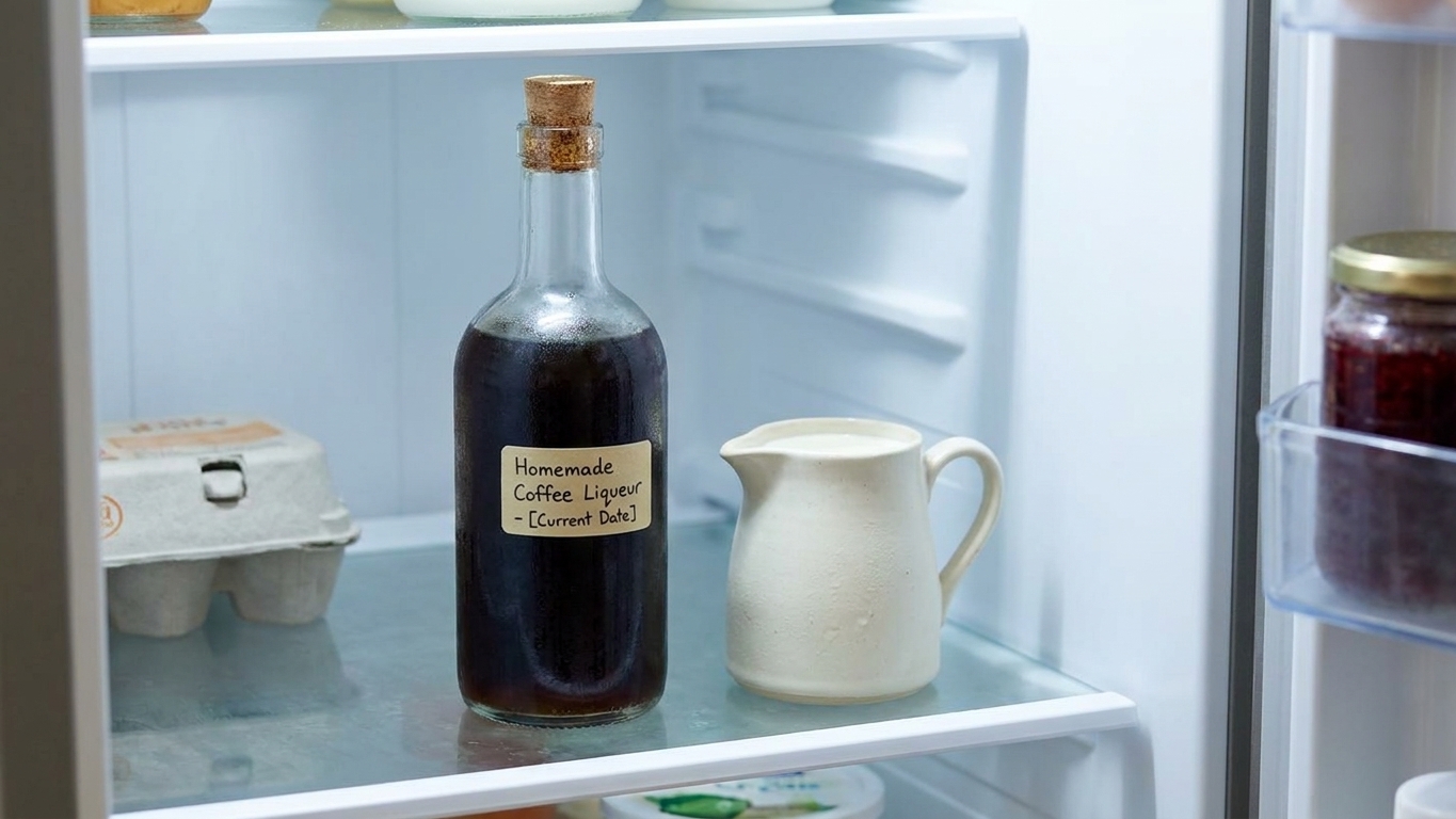 A sealed bottle of homemade coffee liqueur chilling on a refrigerator shelf next to a small pitcher of cream