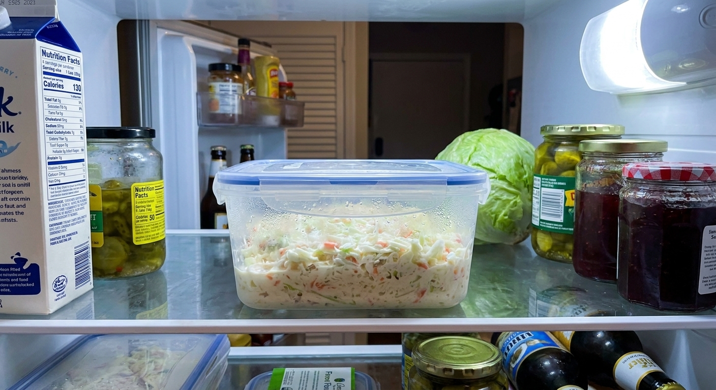 A sealed clear food container filled with coleslaw on a refrigerator shelf, real kitchen photo style