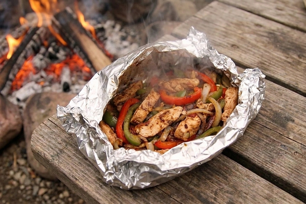 A sealed foil packet opened beside a campfire, showing sizzling sliced chicken, bell peppers, and onions with visible steam rising on a rustic picnic table