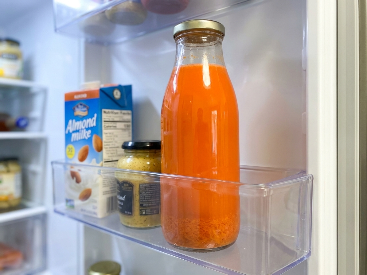A sealed glass bottle of carrot juice sitting in the refrigerator door shelf with a small layer of natural pulp settled at the bottom