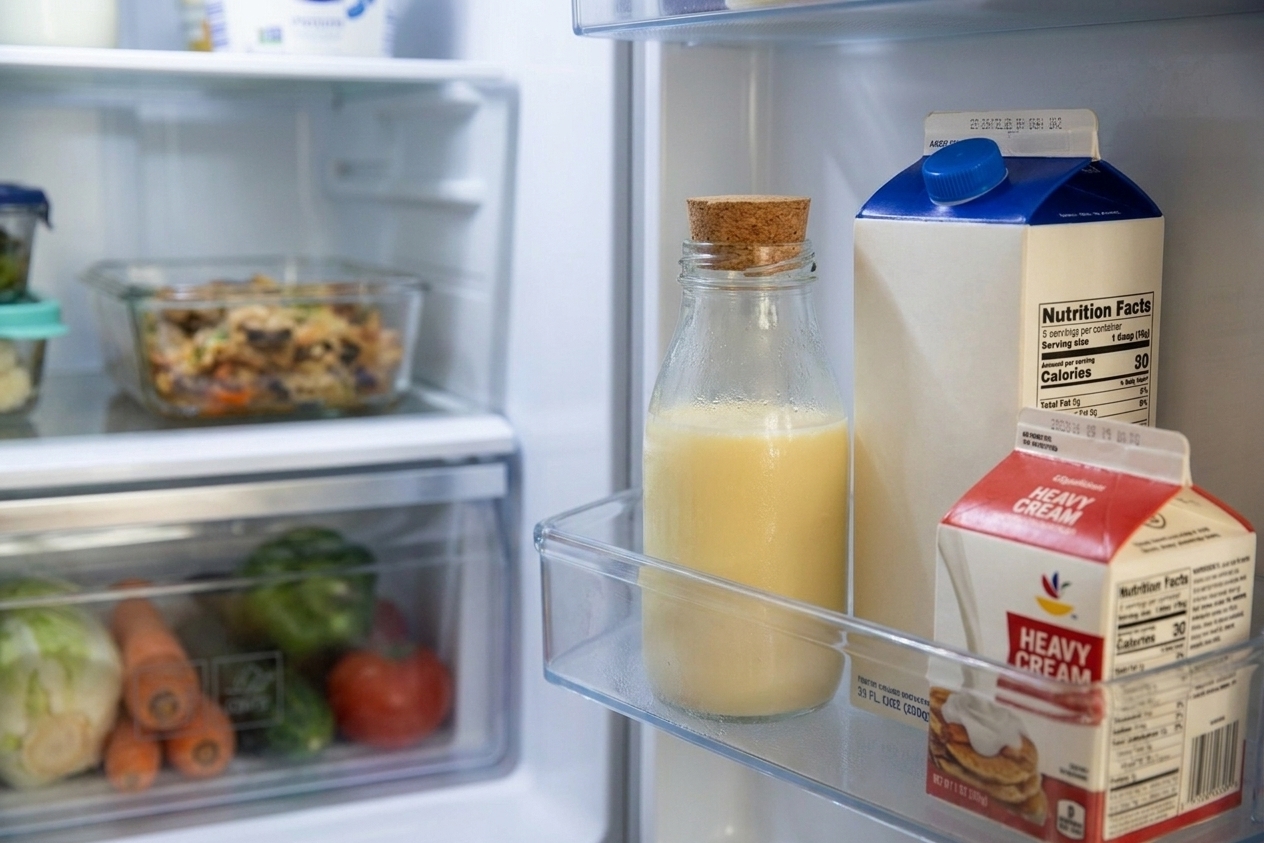 A sealed glass bottle of coffee creamer sitting on a refrigerator shelf next to milk and a carton of cream