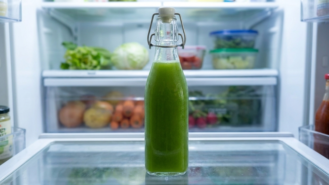 A sealed glass bottle of green celery juice sitting on a refrigerator shelf, softly lit