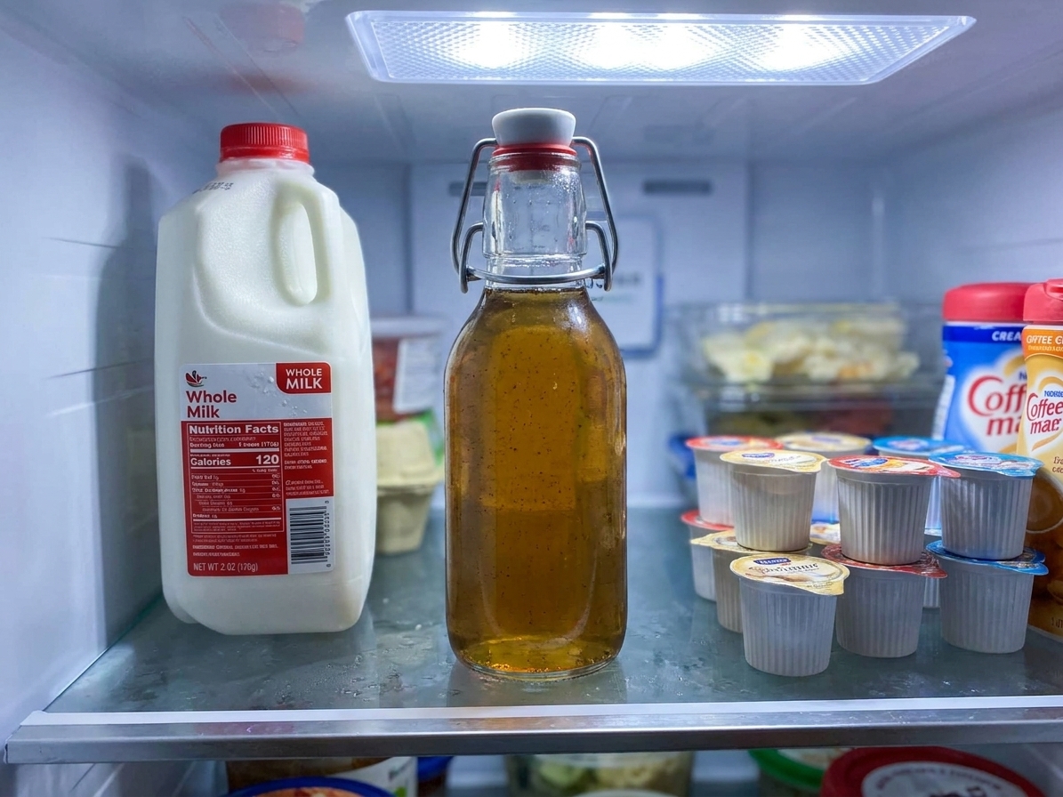 A sealed glass bottle of vanilla syrup placed on a refrigerator shelf next to milk and coffee creamers