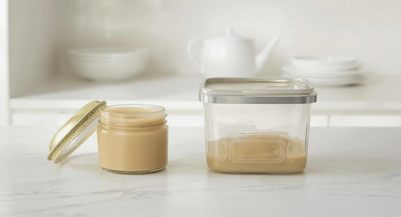 A sealed glass container filled with beet hummus in a refrigerator drawer, with a thin sheen of olive oil on top