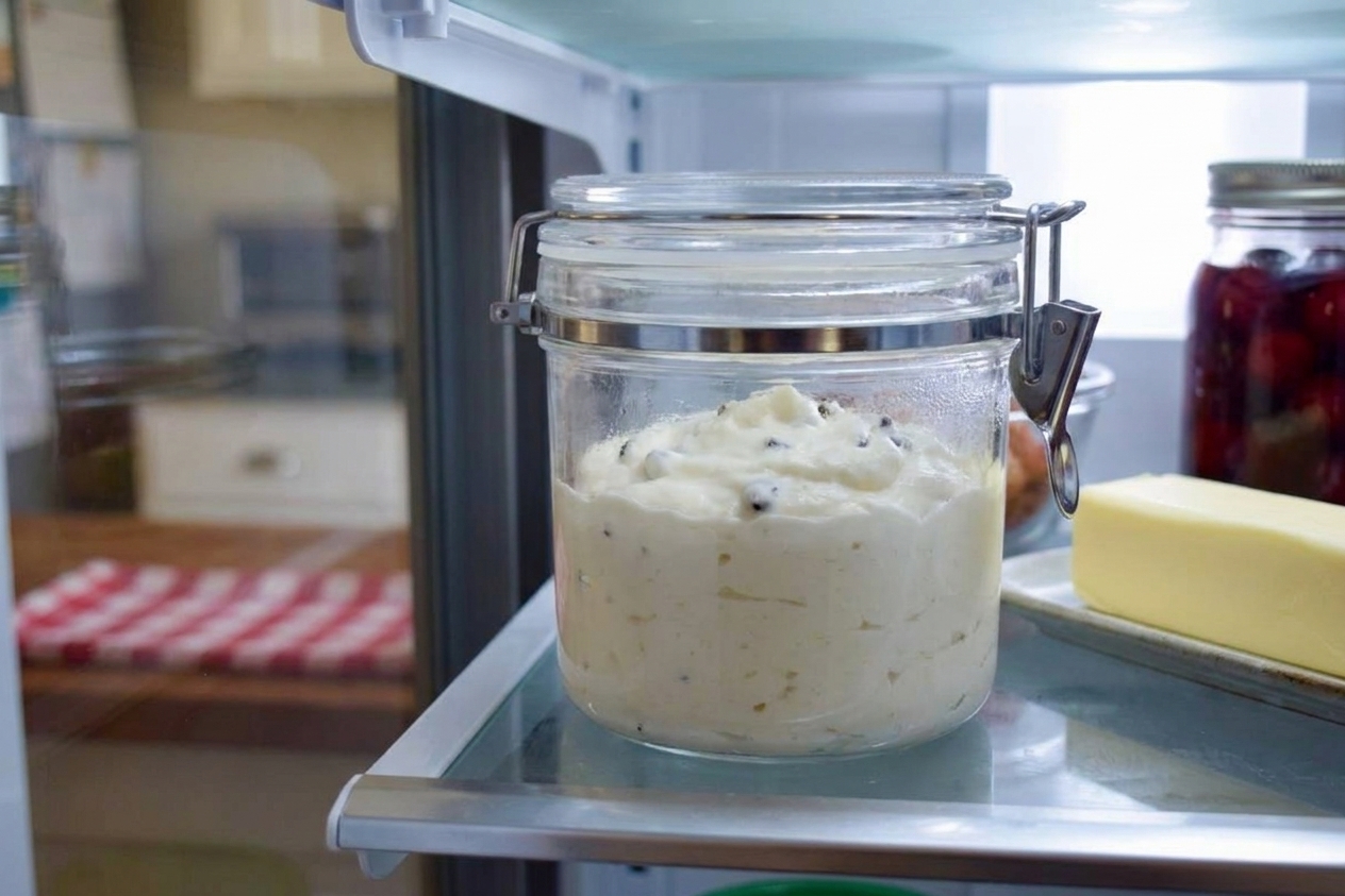 A sealed glass container filled with cannoli cream on a refrigerator shelf