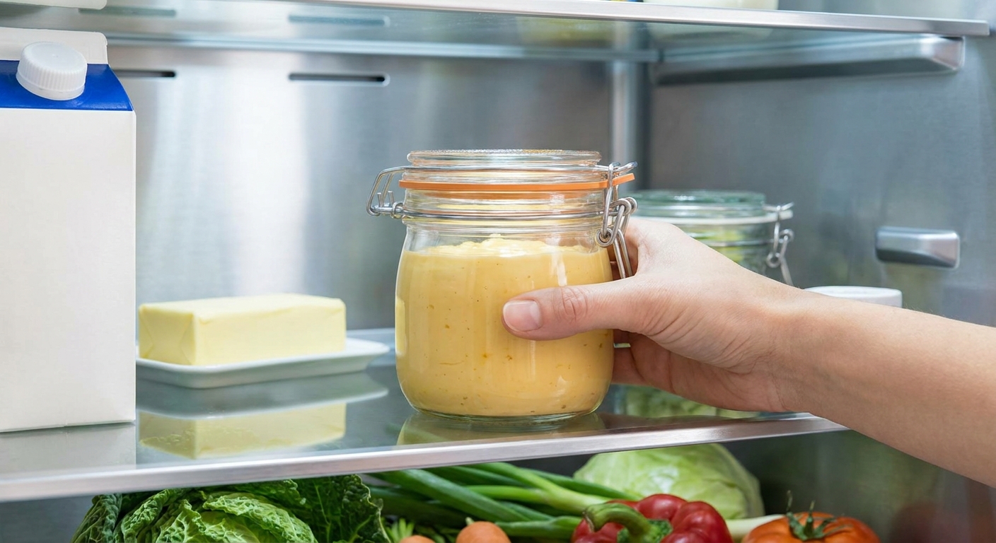 A sealed glass container filled with creamy cheese sauce sitting on a refrigerator shelf