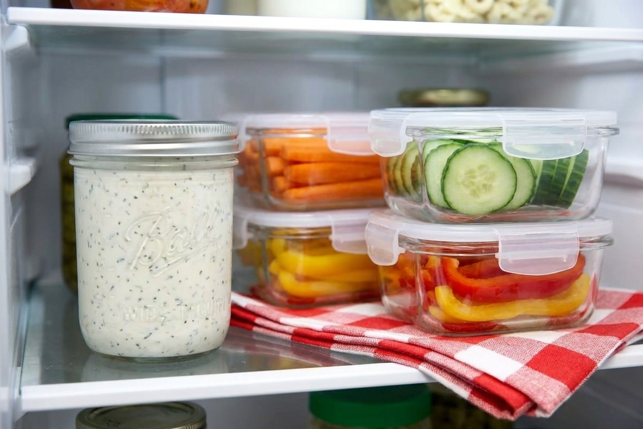 A sealed glass container filled with creamy veggie dip sitting on a refrigerator shelf next to cut vegetables in meal prep containers