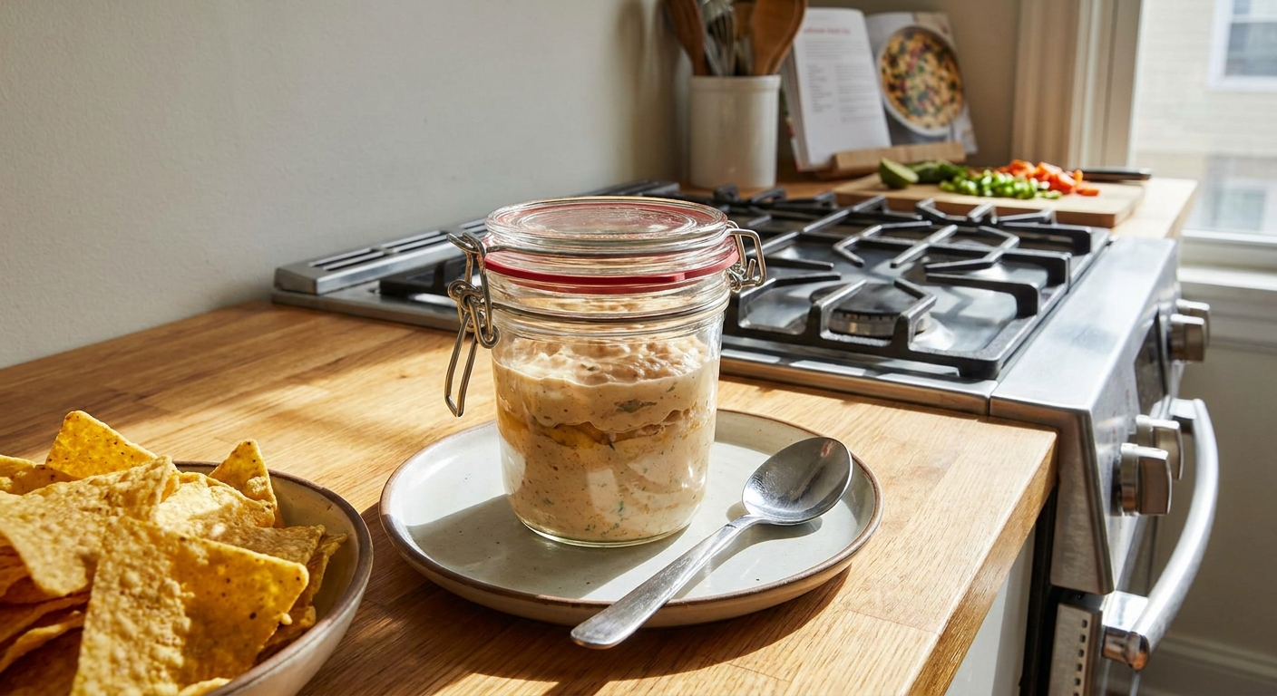 A sealed glass container filled with leftover boat dip sitting on a bright kitchen counter next to a spoon and tortilla chips