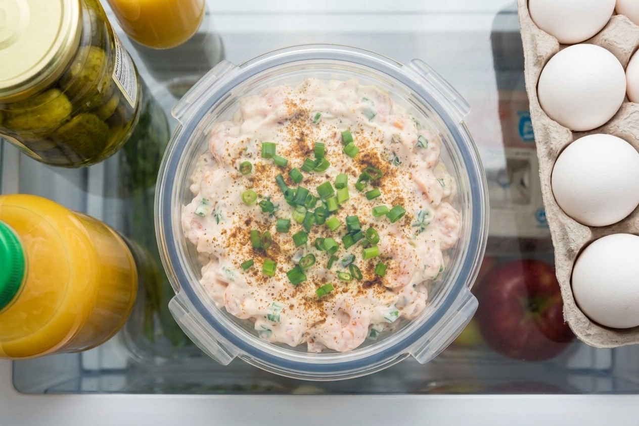 A sealed glass container filled with shrimp dip sitting on a refrigerator shelf