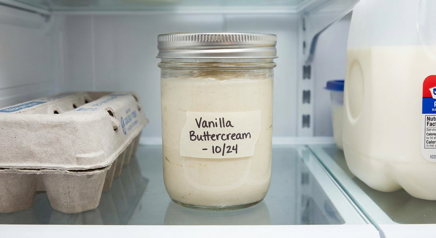 A sealed glass container filled with vanilla buttercream sitting on a refrigerator shelf