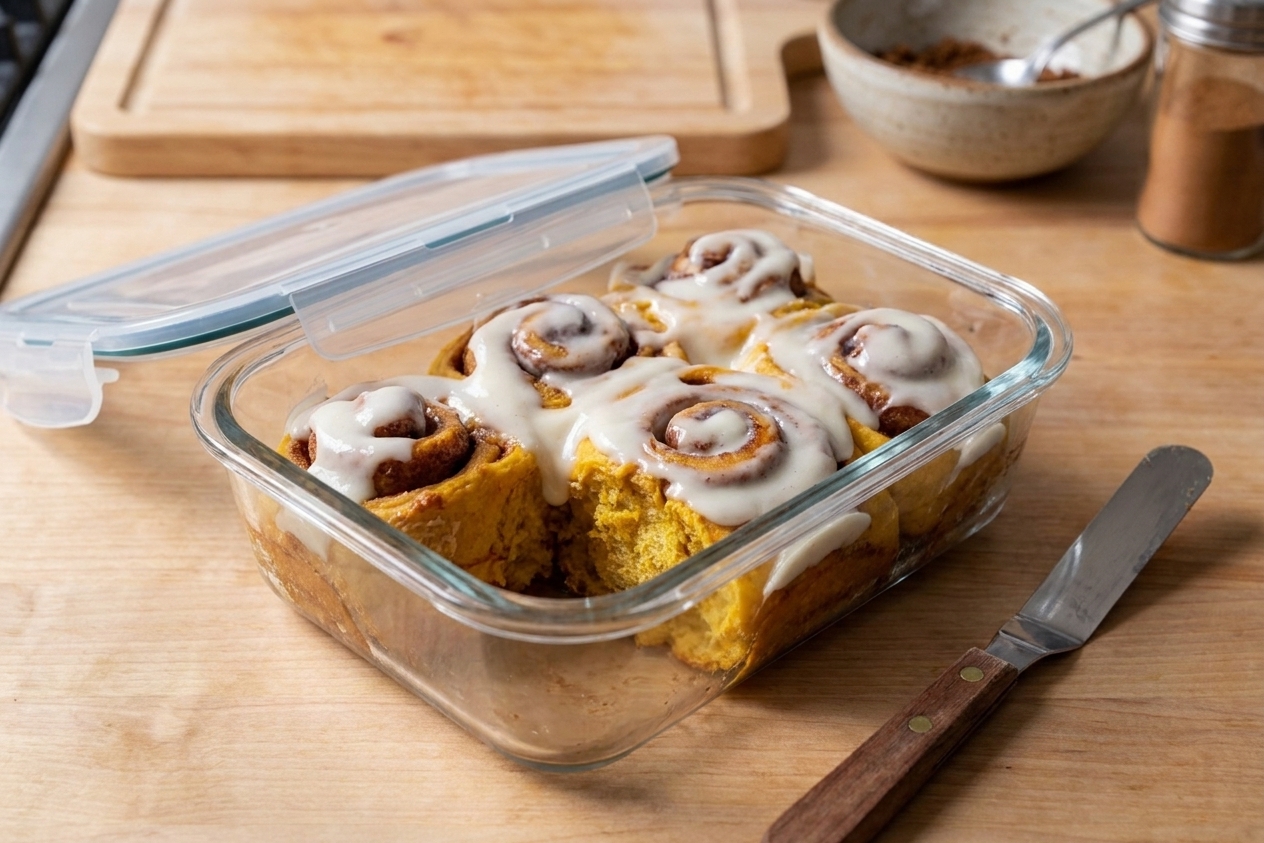 A sealed glass container holding leftover pumpkin cinnamon rolls on a kitchen counter with a small spatula beside it