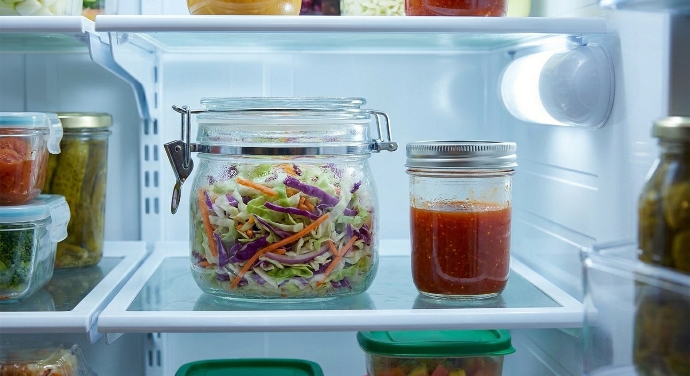 A sealed glass container of crunchy slaw on a refrigerator shelf next to a small jar of sauce