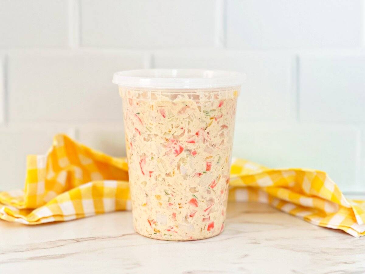 A sealed glass container of imitation crab salad sitting on a refrigerator shelf with a spoon beside it
