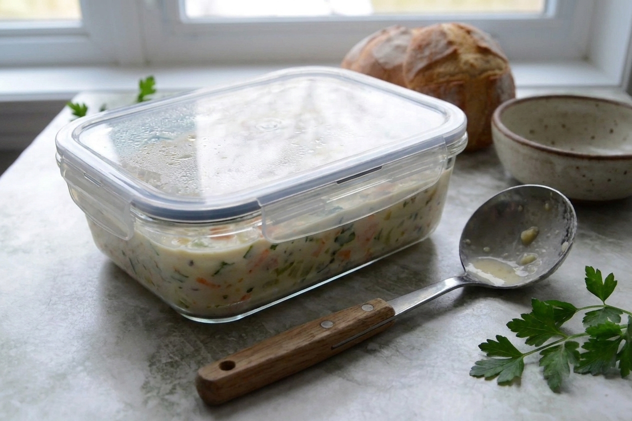 A sealed glass container of leftover seafood chowder cooling on a kitchen counter next to a ladle