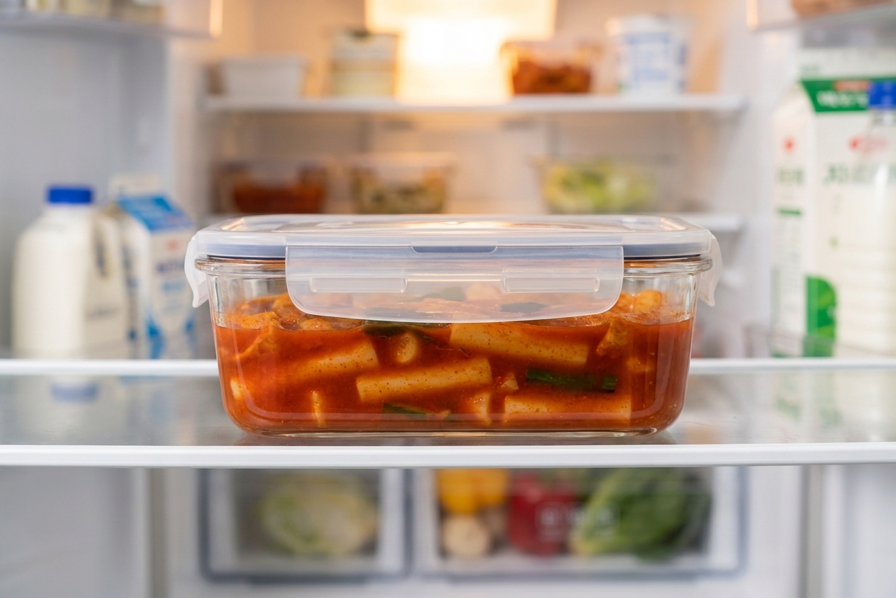 A sealed glass container of leftover tteokbokki with red sauce on a refrigerator shelf