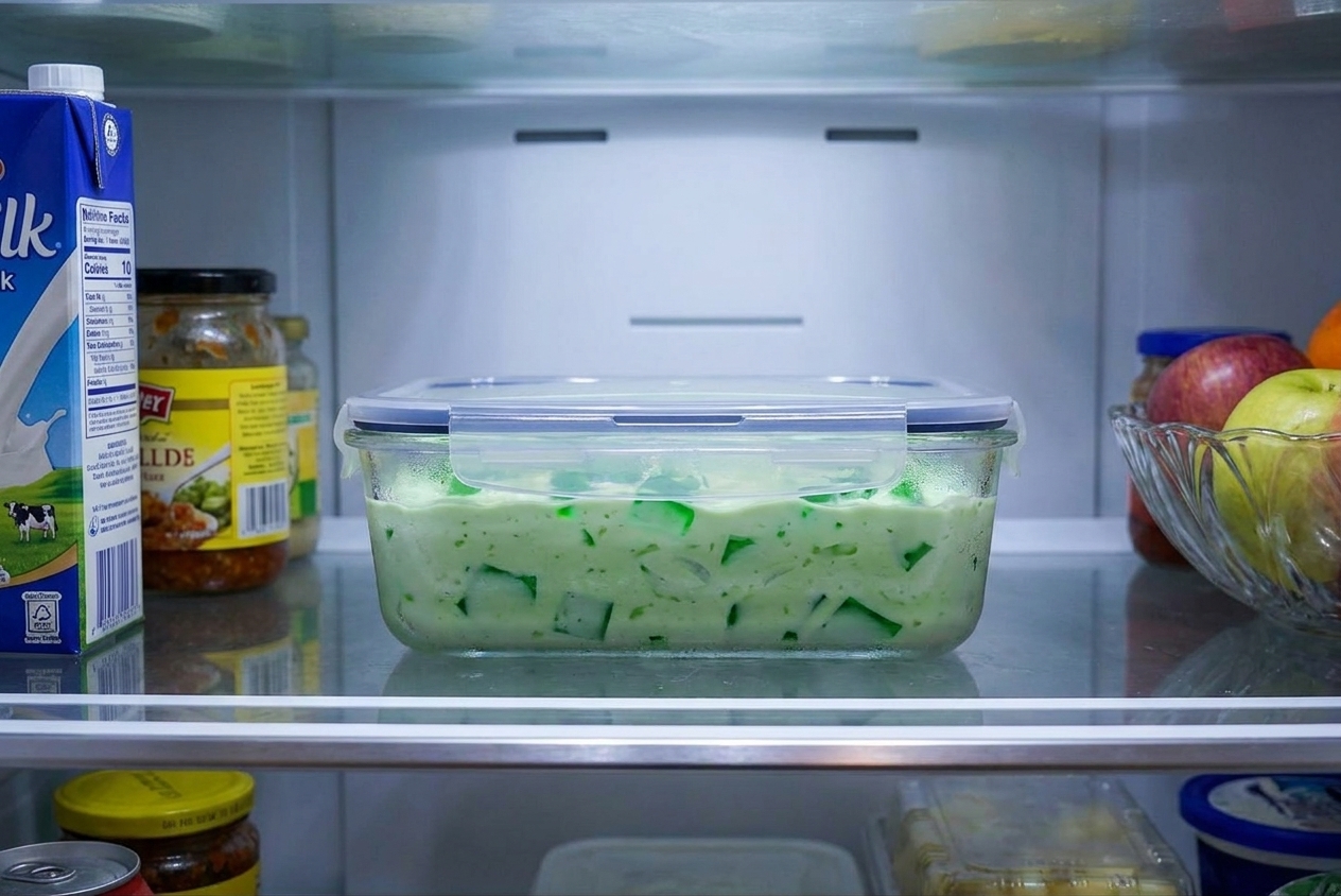 A sealed glass food storage container filled with creamy buko pandan sitting on a refrigerator shelf
